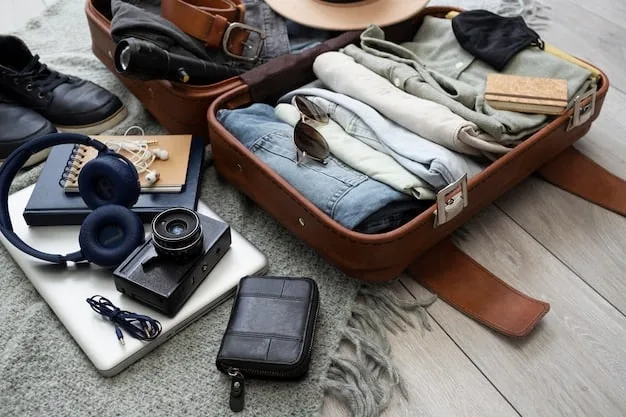 A close-up of a neatly packed travel bag with a variety of accessories visible, including a folded scarf, sunglasses, a small jewelry pouch, and a smartwatch, demonstrating efficient packing techniques.