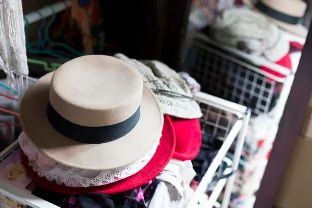 A stylish closet with a dedicated section for hats, showcasing various forms of hat storage including hat boxes stacked neatly and individual hat stands displaying fedoras.