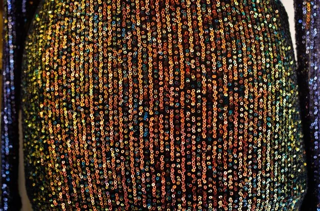 A close-up shot of elaborately beaded and sequined fabric, showcasing intricate patterns and a reflective shimmer under soft lighting. The focus is on the detailed, luxurious texture.
