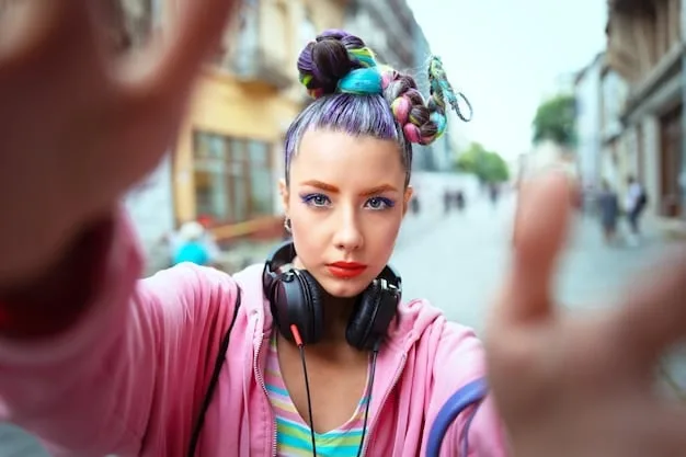 A young female influencer with vibrant hair and eclectic fashion sense, expertly posing for a photo while holding a camera, surrounded by softboxes and a digital tablet displaying analytics, conveying the blend of creativity and data-driven strategy in influencer marketing. She is wearing a modern, street-style outfit, and the background shows a blurred, stylish interior.