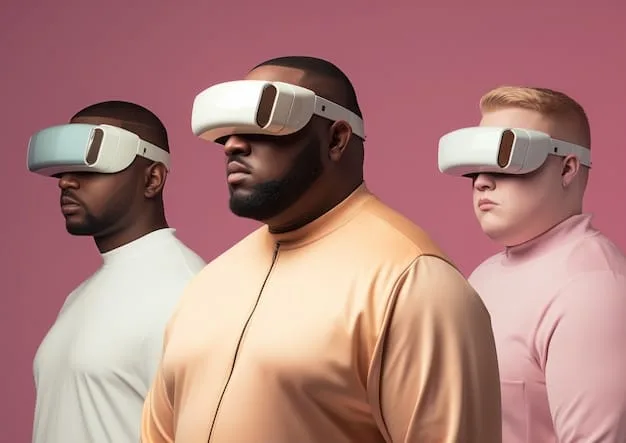 A diverse group of people from different generations interacting in a dynamic, multi-sensory virtual reality environment, each wearing unique, digitally enhanced apparel.