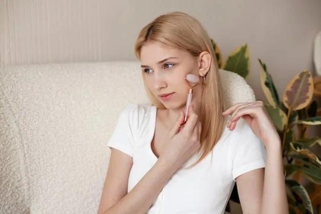 A woman with sensitive skin performs a patch test on her inner arm before applying a new foundation to her face. The lighting is soft, highlighting the delicate texture of her skin.