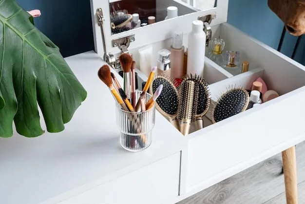 A neatly organized vanity with essential makeup products like tinted moisturizer, concealer, brow gel, mascara, and a lip tint, all in neutral tones, indicating efficiency and simplicity.