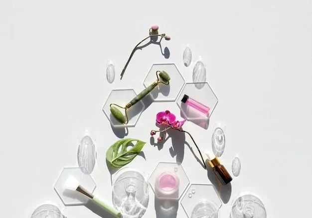 A highly magnified view of various active skin care ingredients, such as hyaluronic acid molecules or retinoid compounds, depicted in a laboratory setting with scientific instruments.