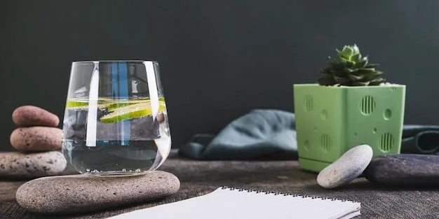 A serene image of a balanced lifestyle, featuring elements like a glass of water, fresh fruits, someone meditating or exercising lightly, and a person sleeping comfortably, all subtly hinting at their positive impact on skin health.