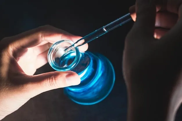 A close-up of a chemist's hands carefully mixing ingredients in a laboratory beaker, surrounded by scientific apparatus, symbolizing the precise formulation of skincare products.
