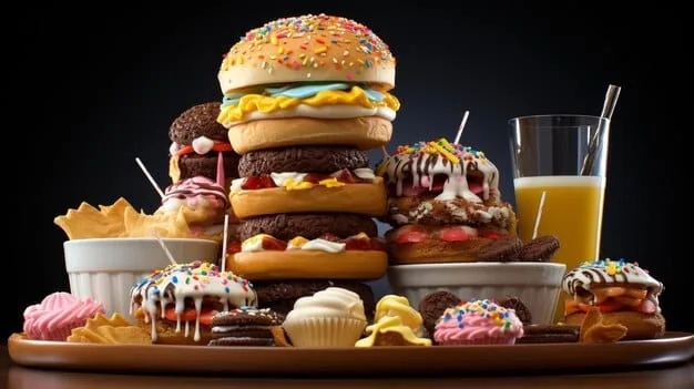 A visual representation of processed foods and sugary drinks, subtly blurred to emphasize avoidance, with a red