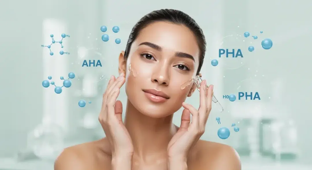 Woman applying serum, illustrating the 2025 Guide to Exfoliation: Choosing Between AHAs, BHAs, and PHAs for Your Skin Type