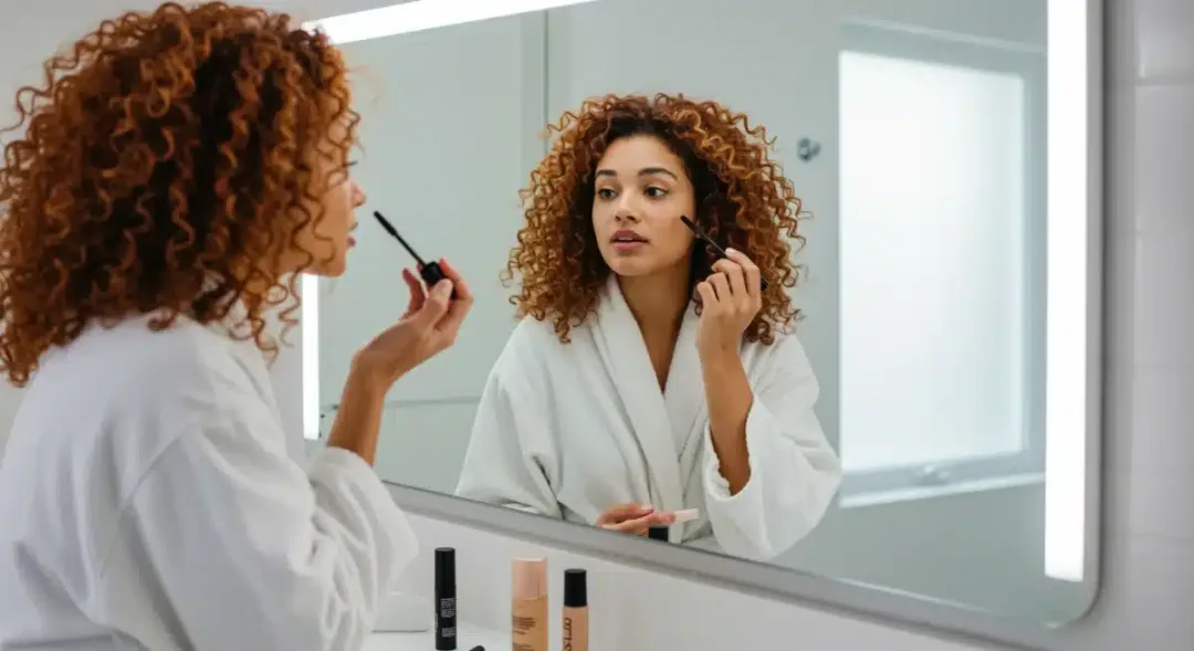 Woman applying quick minimalist makeup in a modern bathroom