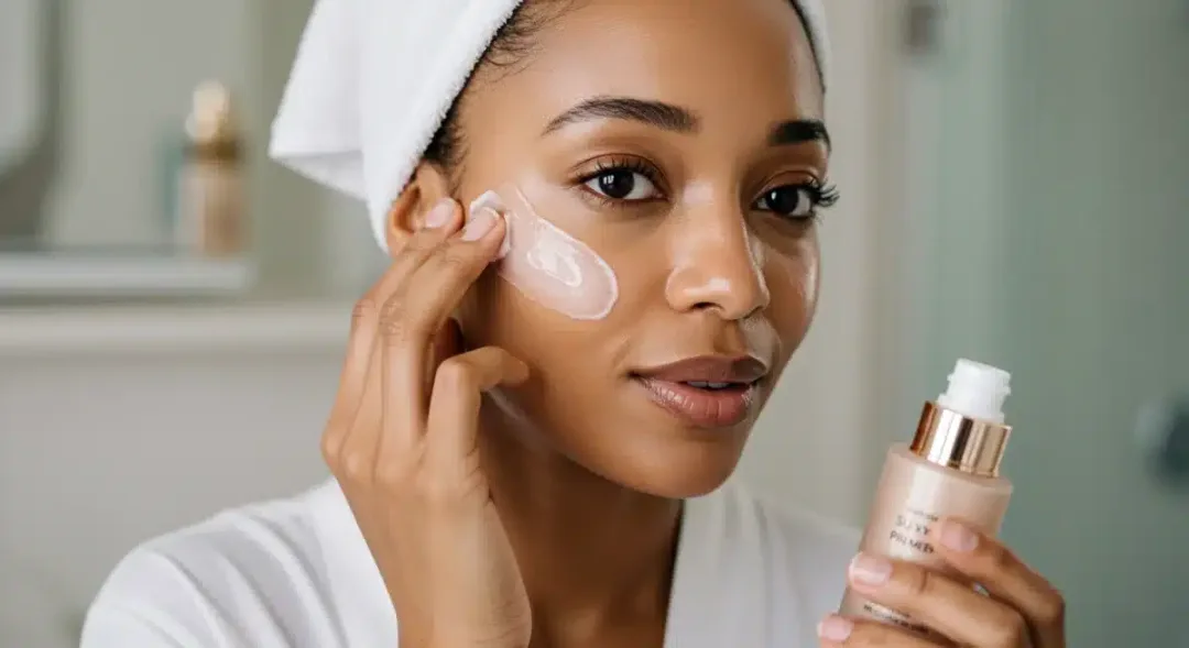 Woman applying translucent primer for flawless skin in humid summer