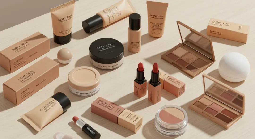Assortment of non-toxic makeup products on a wooden surface, showcasing clean beauty.