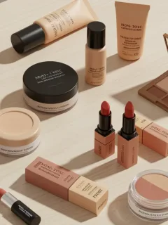 Assortment of non-toxic makeup products on a wooden surface, showcasing clean beauty.