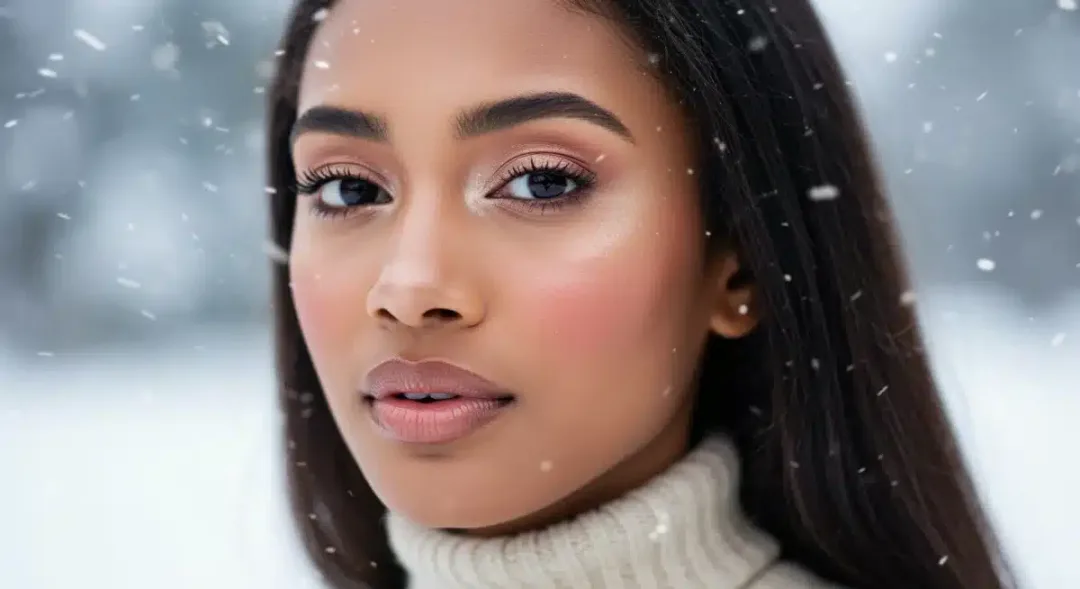 Woman with radiant, glowing skin and flawless makeup in winter