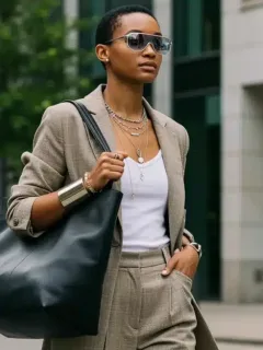 Stylish woman showcasing 2026 accessory trends with oversized tote and futuristic eyewear