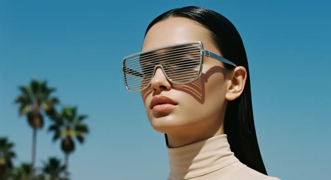 Oversized futuristic sunglasses on a stylish model for Summer 2026 eyewear trends.