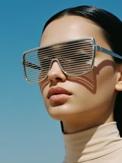 Oversized futuristic sunglasses on a stylish model for Summer 2026 eyewear trends.