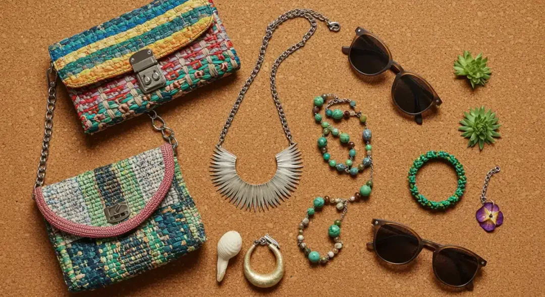 Eco-friendly accessories display with sustainable handbag, recycled jewelry, and plant-based sunglasses