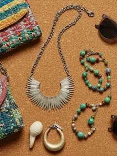 Eco-friendly accessories display with sustainable handbag, recycled jewelry, and plant-based sunglasses