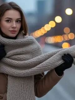 Woman elegantly styled in a large, versatile winter scarf, showcasing fashion impact.