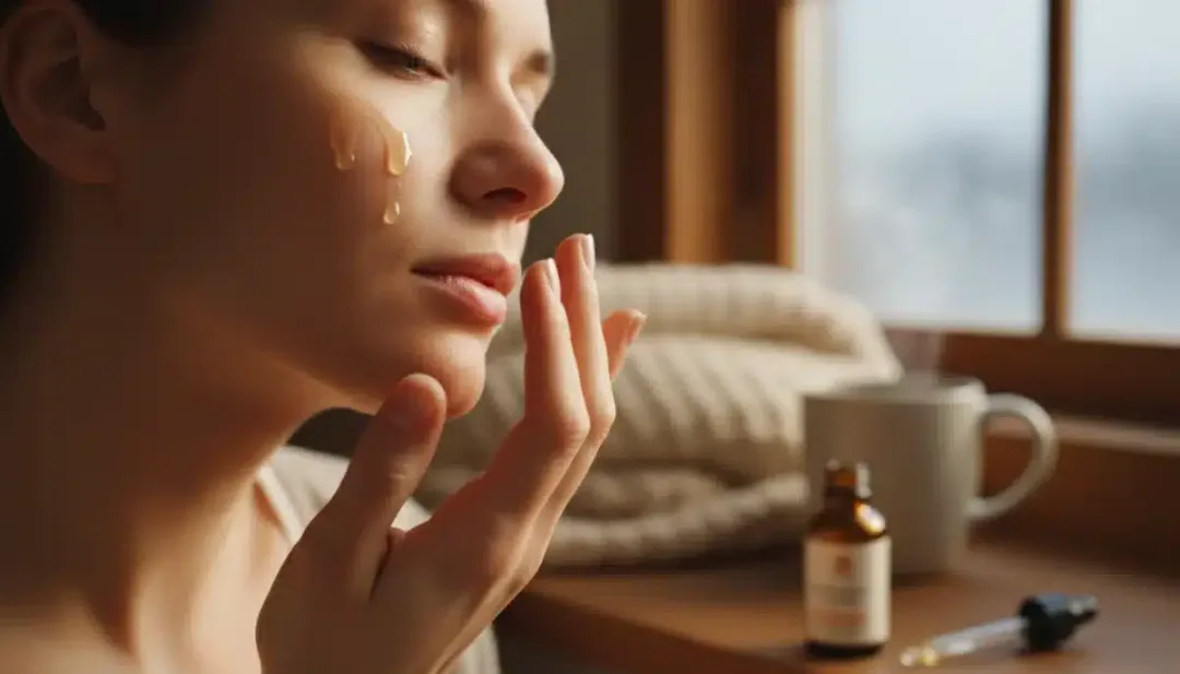 Applying nourishing facial oil for winter skin