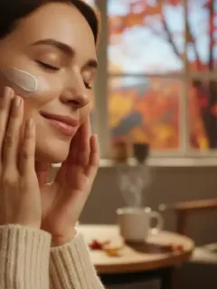 Woman applying rich moisturizer for fall winter skincare