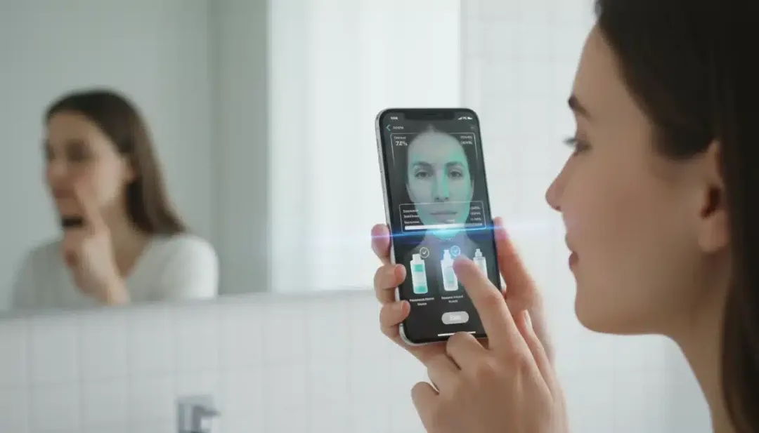 Smartphone app performing AI skin analysis for personalized skincare