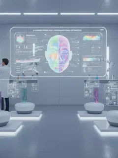 AI-driven personalized skincare formulations in a futuristic lab setting
