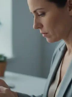 Woman looking at phone with visible 'tech neck' lines