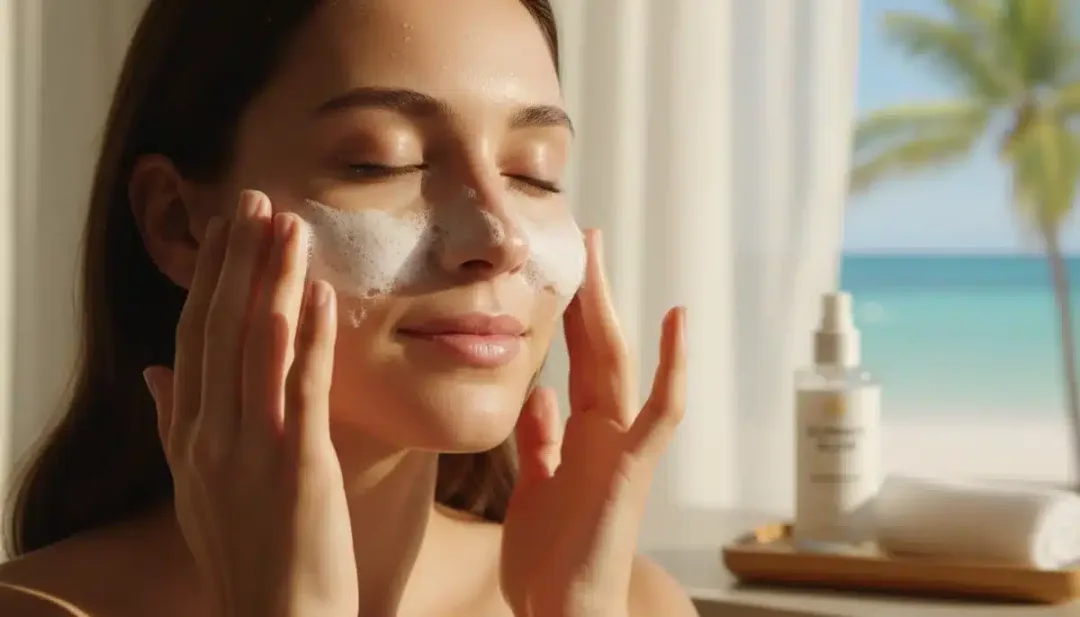 Person cleansing face with foaming cleanser