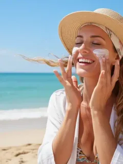 Woman applying sunscreen for summer skin protection