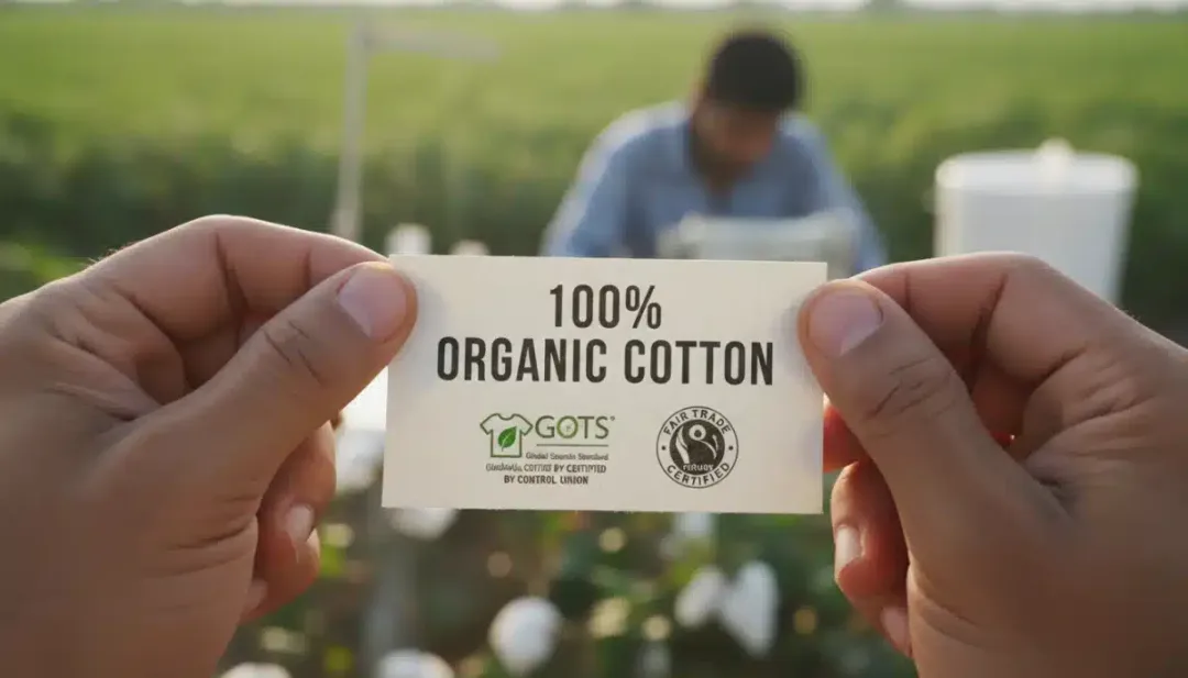 Organic cotton certification on a sustainable garment.