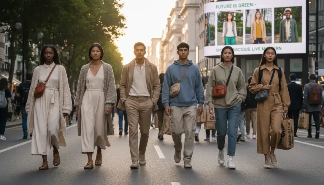 Models wearing eco-friendly apparel in an urban environment.