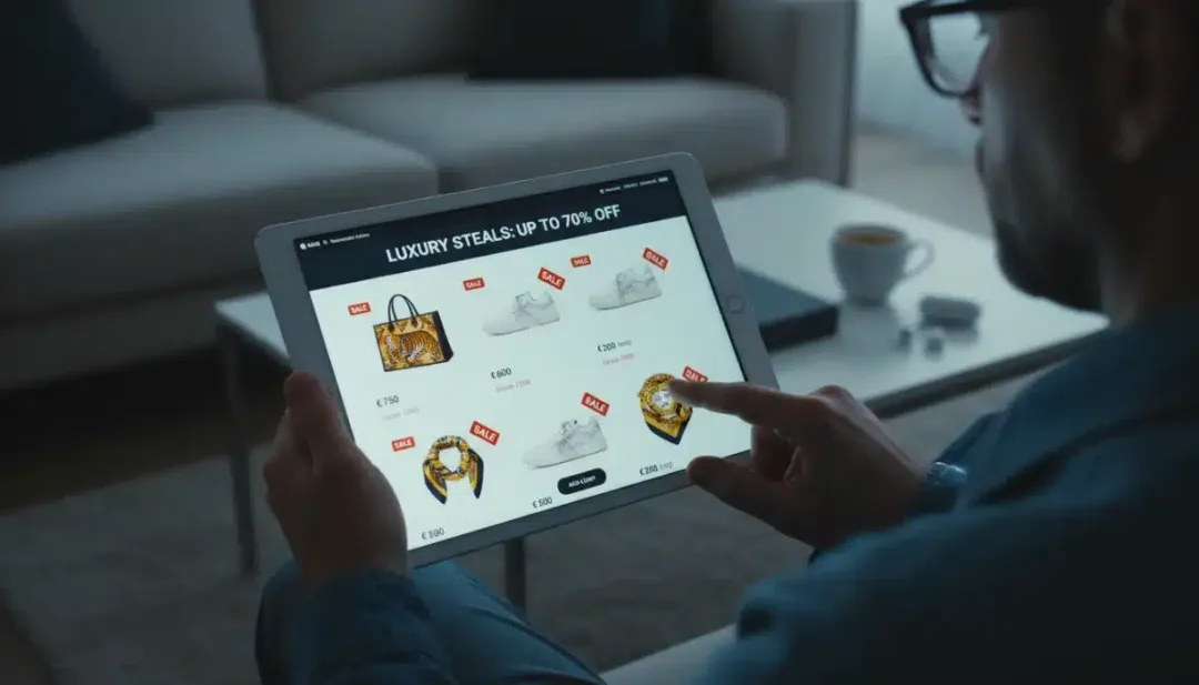 Person browsing online luxury fashion deals on a tablet