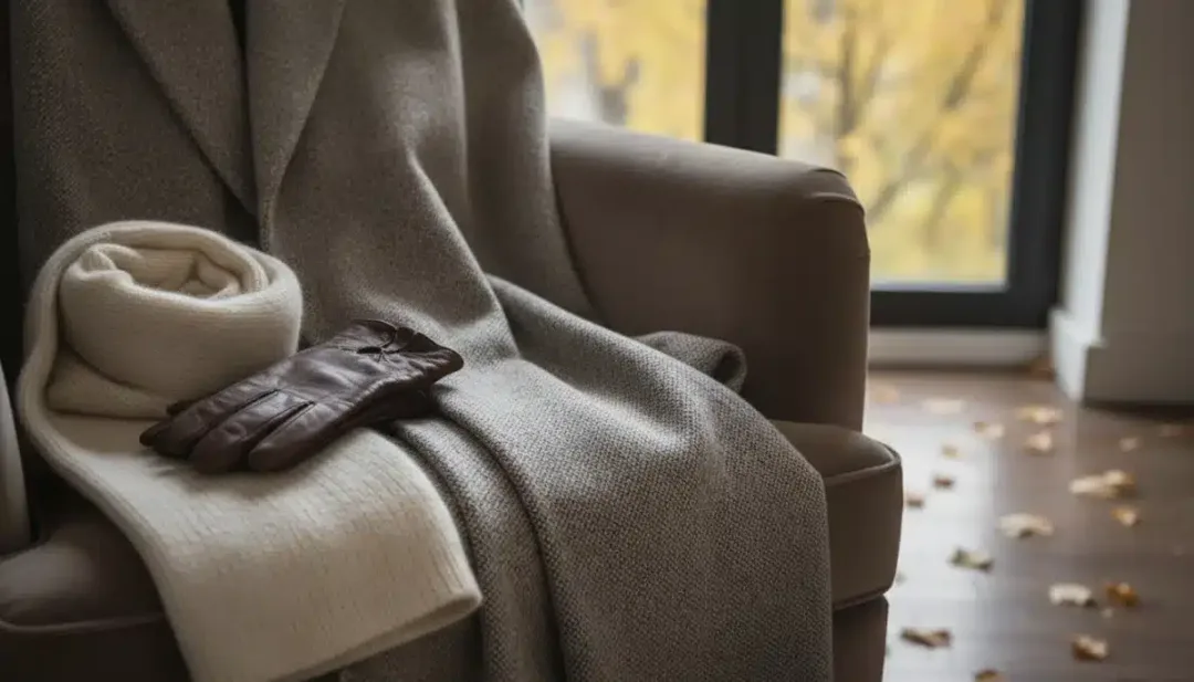 Luxury wool coat with cashmere scarf and leather gloves for fall