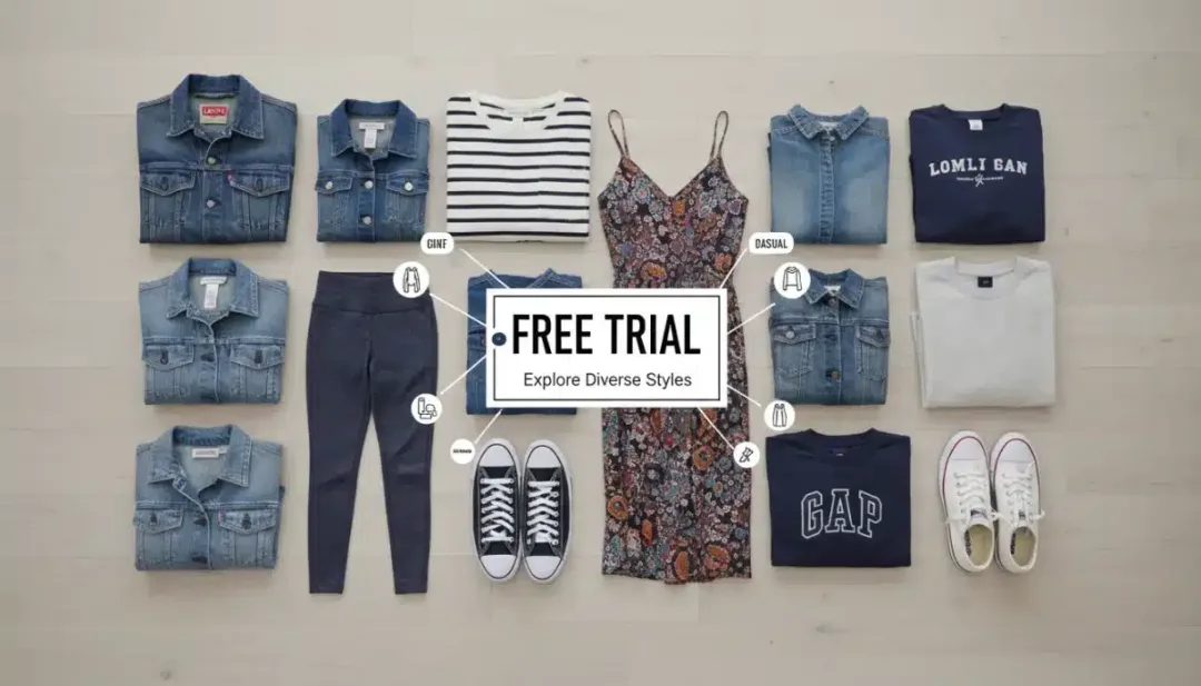 Assortment of free trial clothing items from diverse U.S. retailers.