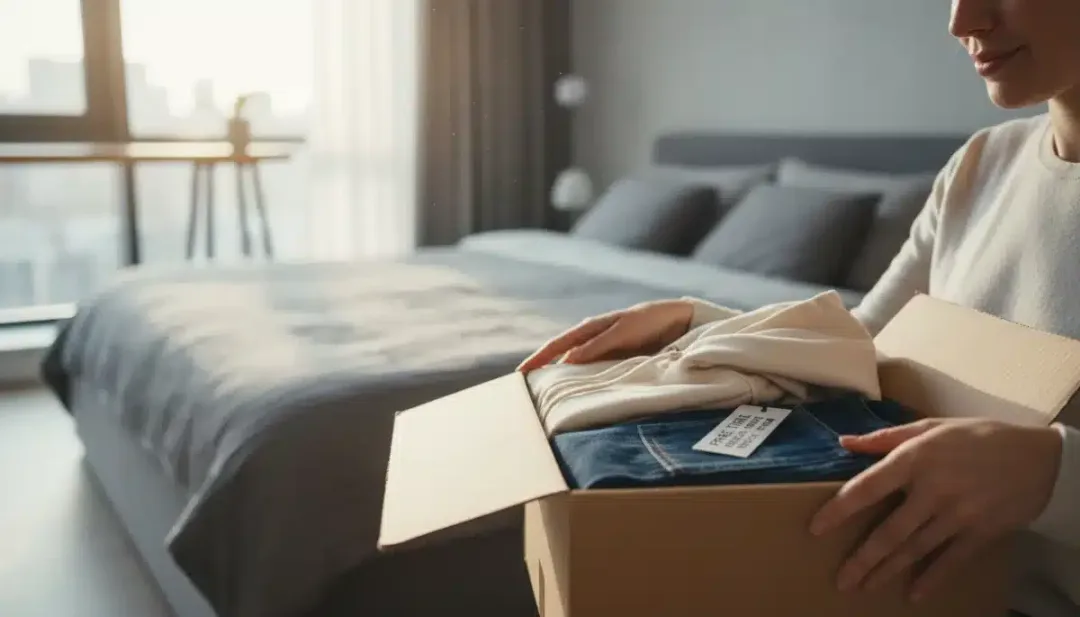 Person unboxing free clothing trial delivery at home.
