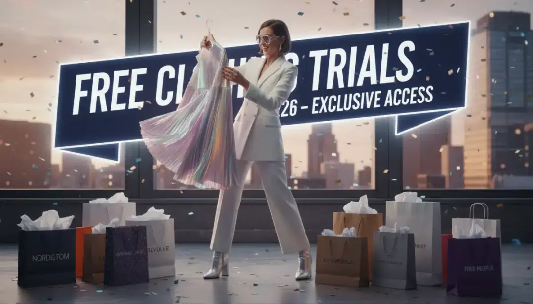 Woman happily reviewing free clothing trial from a major U.S. retailer in 2026.