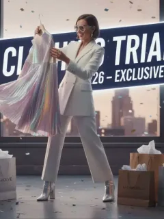 Woman happily reviewing free clothing trial from a major U.S. retailer in 2026.