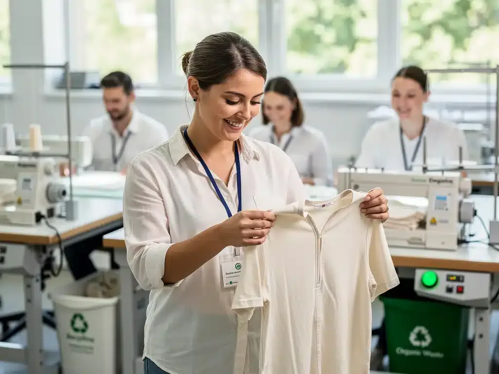 Worker inspecting organic cotton garment in an ethical factory.