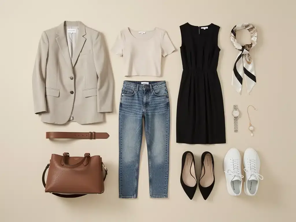 Flat lay of essential wardrobe pieces for a 20-item capsule.