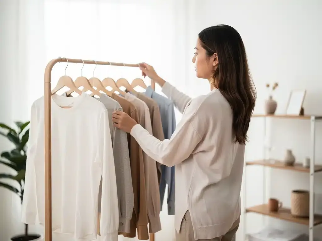 Person choosing clothing from a small, organized wardrobe.