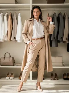 Woman in minimalist outfit in organized closet, embodying timeless style.