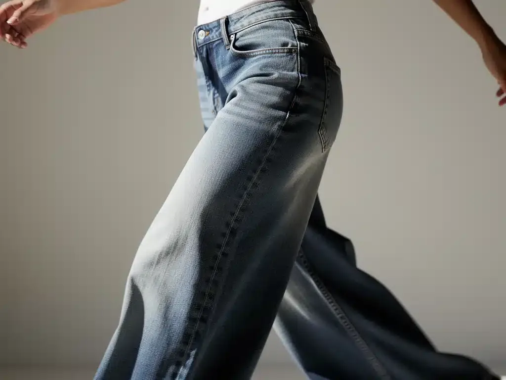 Close-up of high-waisted wide-leg jeans, highlighting fabric and flattering fit for a stylish look.