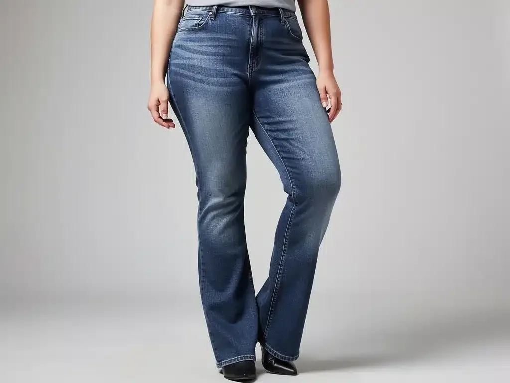 Person with pear-shaped body wearing perfectly fitted bootcut jeans, showcasing balanced proportions.