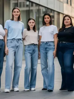 Diverse models showcasing various denim styles for different body types in 2026 fashion trends.
