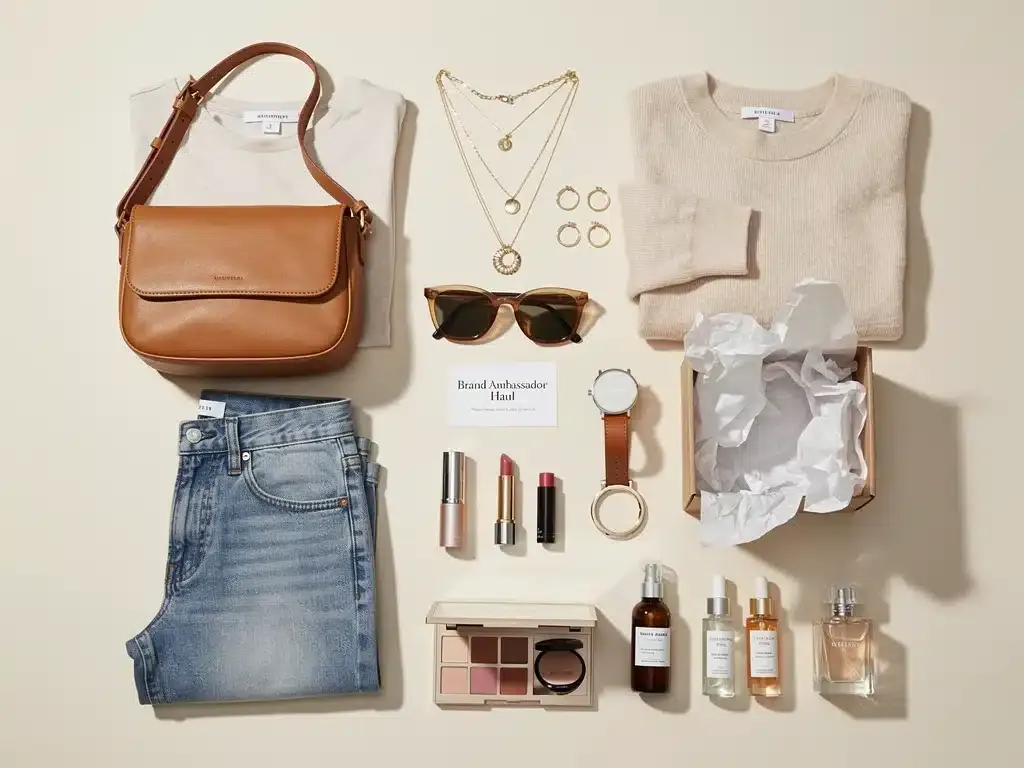 Flat lay of diverse free fashion products received from ambassador programs.