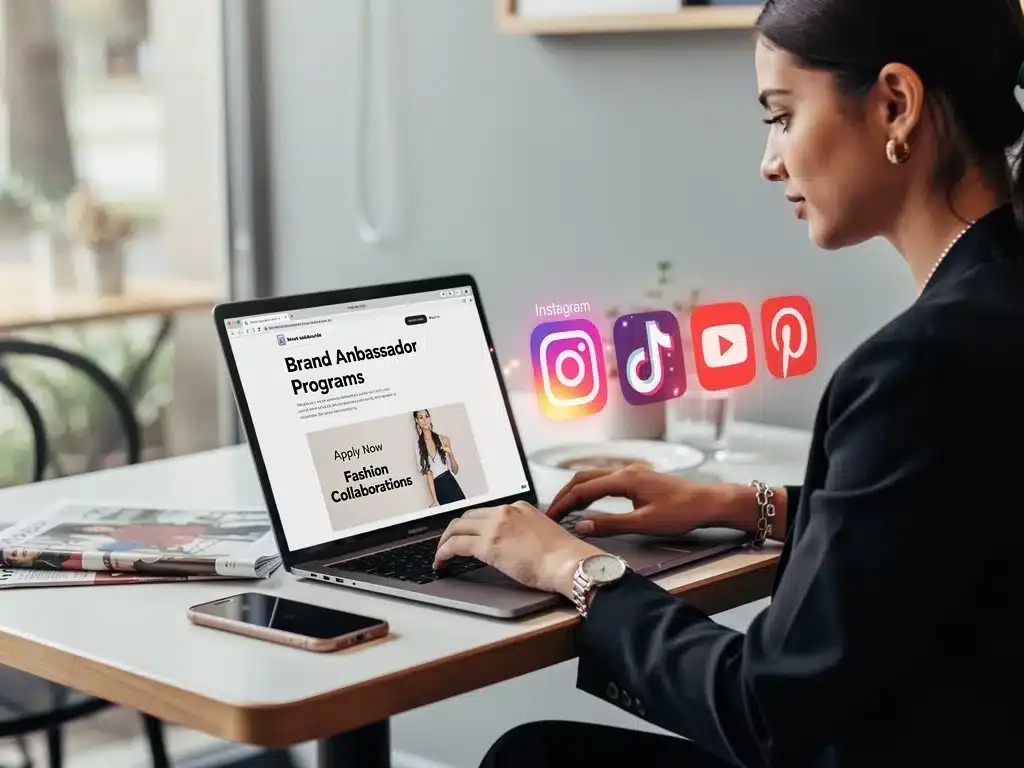 Person researching brand ambassador programs on a laptop, digital engagement.