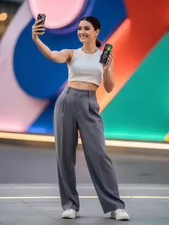 Stylish young woman taking a selfie, showcasing fashion products as a brand ambassador.