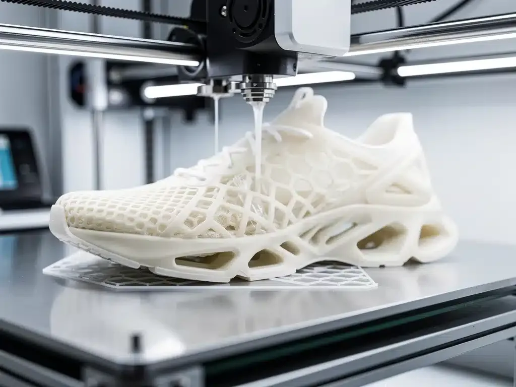 3D printer creating a customizable shoe sole, showcasing additive manufacturing.