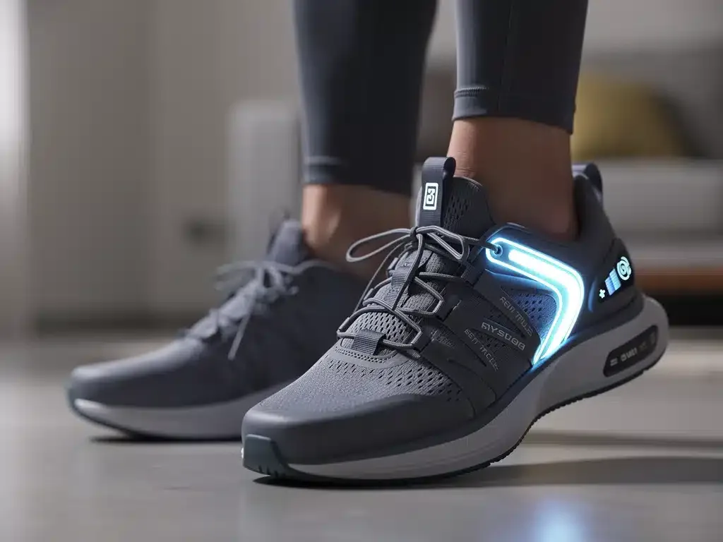 Athlete wearing self-lacing smart sneakers, demonstrating adaptive fit technology.